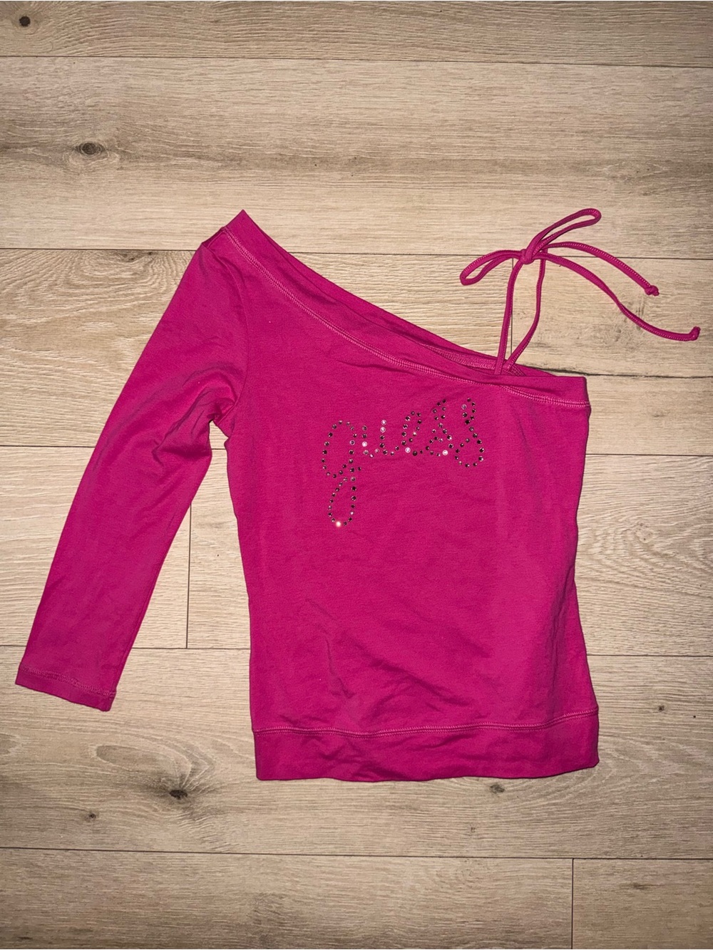 Vintage Y2K GUESS Hot Pink One-Shoulder Rhinestone Logo Top
